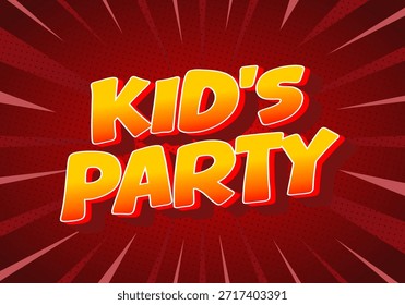 Colorido Diseño gráfico con el texto Kids Party en negrita, fuente juguetona con un fondo de ráfaga