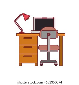 colorful graphic of desk home with chair and lamp and laptop computer with dark red line contour vector illustration