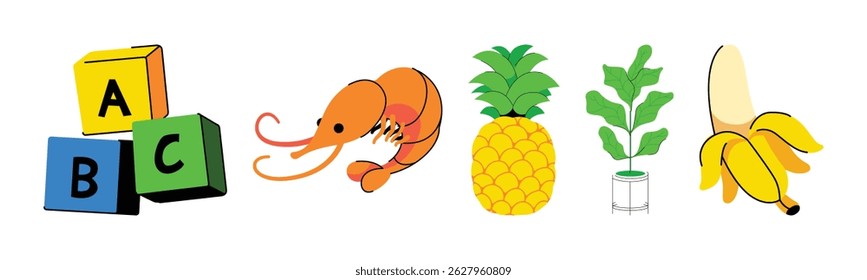 A colorful graphic features playful ABC blocks, a cute shrimp, a tropical pineapple, a houseplant, and a ripe banana.