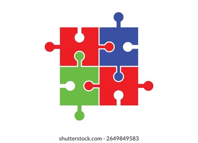 A colorful graphic featuring four interconnected puzzle pieces in red, blue, and green. The pieces are arranged in a square formation, symbolizing teamwork and problem-solving,