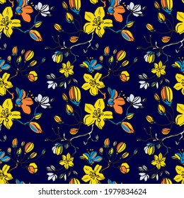 Colorful graphic floral vector seamless pattern on a blue background. Stylized hand-painted garden lily and exotic flowers texture. Fashionable flowering and foliage print.