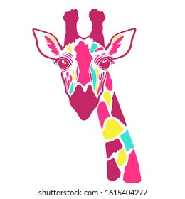 A Colorful Graphic Giraffe In Bright Colors. Hand Drawn Creative Giraffe For Kids Room, Hospitals. Sketch Of The Giraffe Facial Head. Poster For Good Mood