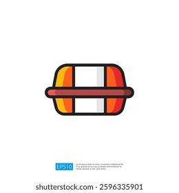 Colorful Graphic Icon of a Round Container for Food with Stylized Red and Yellow Design on a White Background