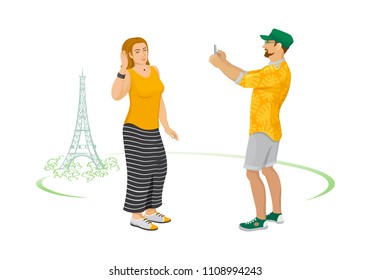 Colorful graphic illustration of couple of middle-aged tourists on background of Eiffel Tower in summer. Man takes a picture of  nice woman on smartphone camera. Vector illustration, sketch, isolation