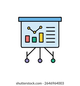 Colorful graphic illustration of a data presentation screen with bar charts and line graphs. Flat design, simplified visual for corporate use.