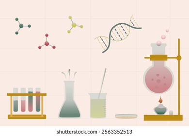 Colorful graphic illustration featuring laboratory glassware, DNA strands, and molecular structures, ideal for science education materials and academic presentations