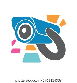 Colorful graphic illustration of a security camera with shapes