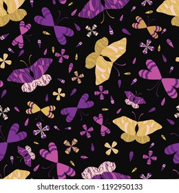 Colorful Graphic Large Scale Butterflies Seamless Vector Pattern. Drawn Textured AnimaI llustration for Boho Fashion Prints, Retro Packaging, Pretty Paper Good, Wrap or Stationery. Purple Yellow Black