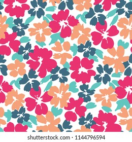 Colorful graphic large scale floral vector seamless pattern on white background. Stylized hand drawn garden flowers. Oversized blooms and foliage allover print.