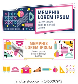 Colorful graphic memphis style banners with school supplies