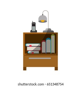 colorful graphic of nightstand with cordless phone and lamp and books collection without contour and half shadow vector illustration