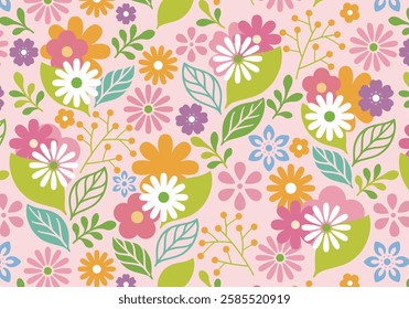 Colorful graphic pattern with various flower and leaf motifs