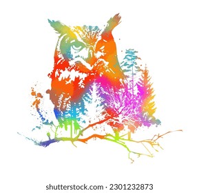 colorful graphic portrait of an owl in the forest. Abstraction trees and owl. Print for t-shirt or tattoo, graffiti style. Vector illustration