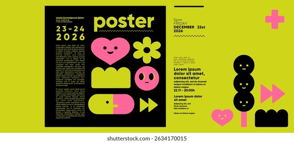 Colorful graphic poster with playful icons, bold text layout, and cheerful emotive shapes, highlighting event information with a fun aesthetic.