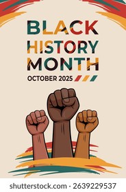A colorful graphic promoting Black History Month with raised fists and vibrant patterns symbolizing unity and pride. Ideal for cultural events, diversity celebrations, and social justice campaigns.