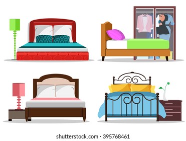 Colorful graphic set of beds with pillows and blankets. Modern bedroom furniture. Flat style vector illustration.