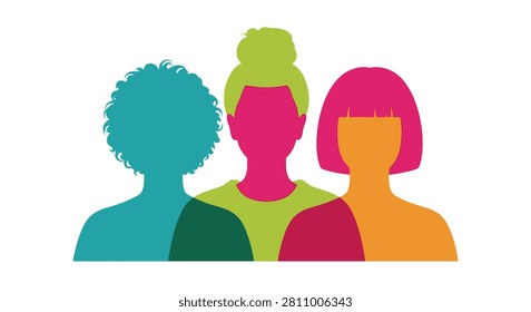 A colorful graphic showing silhouettes of three women with varied hair textures representing diversity and inclusion