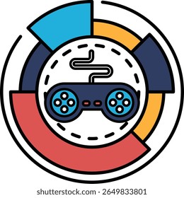 A colorful graphic of a video game controller with a white background. The controller is surrounded by a circle with different colored sections, giving the impression of a pie chart