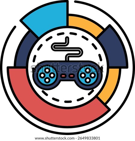 A colorful graphic of a video game controller with a white background. The controller is surrounded by a circle with different colored sections, giving the impression of a pie chart
