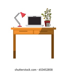 colorful graphic without contour and shading of work place office interior with laptop computer and lamp and plantpot vector illustration