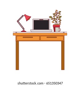 colorful graphic of work place office interior with laptop computer and lamp and plantpot with dark red line contour vector illustration