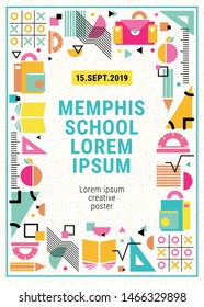 Colorful graphical memphis style poster with school supplies