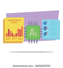 Colorful graphics of artificial intelligence analytics, showcasing data charts, graphs, and AI chip surrounded by various data reports. Blend of technology and data analysis concept