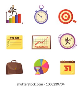 Colorful graphics, old timer, target with arrow, to do list, mechanical clocks, leather briefcase and paper calendar isolated vector illustrations.