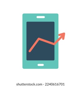 Colorful graphs icon. Growing red arrow on smartphone screen. Gadgets and devices. Modern technologies and digital world. Interface for programs and applications. Cartoon flat vector illustration