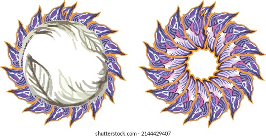 Colorful and gray circle frames with feather elements - two options. Geometric borders for banners, invitation cards, weddings, decorations, holidays or events, fabric, textiles, fashion, prints, etc.