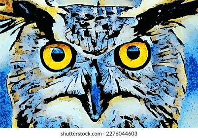 A colorful great horned owl is seen in a vector image. Blue and black feathers with yellow eyes.
