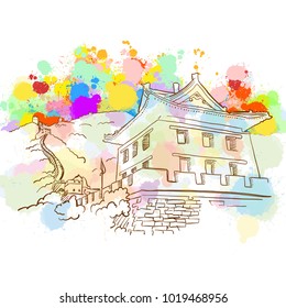 Colorful Great Wall Sketch. Hand Drawn Vector Illustration, Paint Splatter Color Isolated on White Background. Business Travel and Tourism Concept with Modern Architecture.