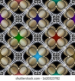 Colorful greek 3d vector seamless pattern. Glowing ornamental waffle background. Geometric ethnic tribal backdrop. Greek key meanders ornament with wave lines, rhombus, squares, frames, flowers.