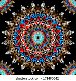 Colorful greek mandalas seamless pattern. Ornamental floral vector folk background. Modern abstract greek key meander round ornaments.  Beautiful mandalas. Geometric repeat ethnic tribal design.