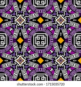 Colorful greek seamless pattern. Geometric floral vector  background. Modern abstract greek key meanders ornament with bright geometry shapes, flowers, squares, rhombus. Ornate repeat modern design.