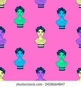Colorful Greek statue seamless pattern. Trendy neon colored 90s and Y2k background with male sculpture. Repeat vector illustration. Vaporwave aesthetic