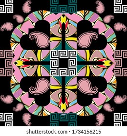 Colorful greek style Paisley seamless pattern. Vector geometric background. Repeat floral ethnic backdrop. Abstract geometrical shapes, paisley flowers, leaves, squares, frames. Symmetric design.