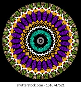 Colorful greek vector mandala pattern. Round geometric zigzag ornament. Abstract floral background.  Ornamental ethnic style tribal backdrop. Greek key meanders, geometrical shapes, flowers, rhombus.