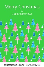 Colorful  green abstract Christmas trees triangles and rectangles vector greeting card.