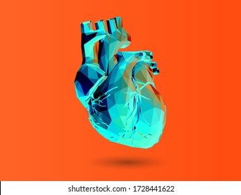 Colorful green abstract low poly human organ heart vector illustration isolated on orange red background