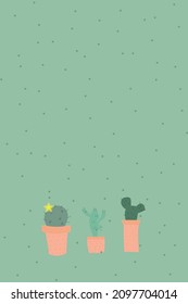 Colorful green background with small cacti. Wallpaper, cover, banner, poster, postcard