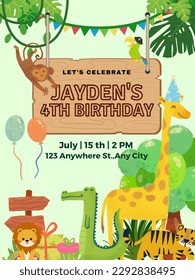 Colorful Green Birthday Party Invitation: tiger, lion, parrot, monkey, giraffe, and alligator!