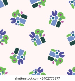 Colorful green blob leaf for flat scandi style seamless vector kids pattern. Fun whimsical nature for boy baby wallpaper. Scandi block print bold funny print.