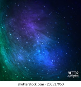 Colorful Green and Blue Cosmic Background with Light, Meteors, Shining Stars, Stardust, Nebula. Vector Illustration for artwork, party flyers, posters, banners.