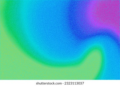 Colorful green, blue, pink and purple grainy gradient. Abstract holographic iridescent background. Multicolor retro design with soft noise effect.