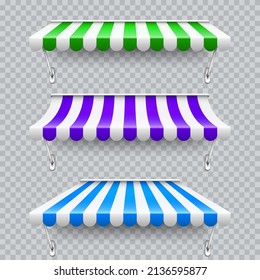 Colorful green, blue and violet shop sunshade with metal mount. Realistic striped cafe awning. Outdoor market tent. Roof canopy. Summer street store. Vector illustration.