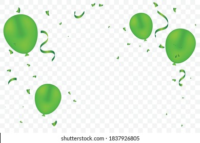 Colorful Green Confetti With Balloon And Ribbon Isolated On White Background. Celebration & Birthday Party. Nature Decoration Banner. Vector Illustration