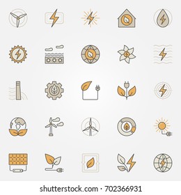 Colorful green energy icons. Vector renewable energy creative signs or logo elements