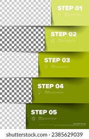 Colorful green five progress steps template made from stripes with descriptions and icons. Simple folded  paper stripe infographic template with five blocks and icons with photo placeholders