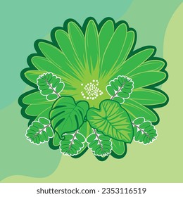 Colorful Green Flower and Leaf Sticker Style Graphic Vector Illustration 
